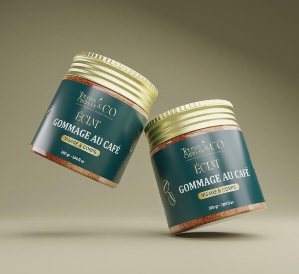Image d’un gommage au café pour le visage et le corps de la gamme Éclat, conçu pour exfolier, lisser et raviver la peau.