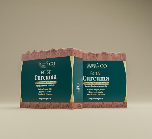 Image d’un produit de la gamme Éclat à base de curcuma, conçu pour traiter l’acné, l’eczéma et le psoriasis, enrichi en huiles naturelles et beurre de karité.